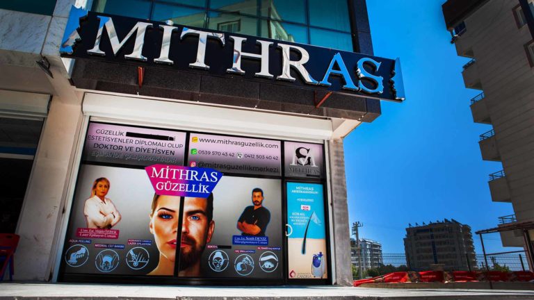 Mithras Güzellik Merkezi Ergani şubesi tabelası ve vitrini